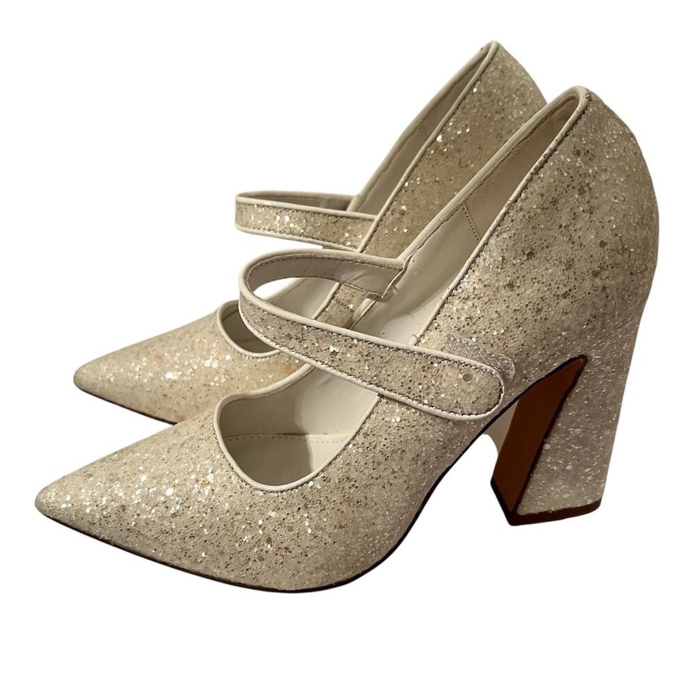 Lulus  Pearl Glitter Pumps White Pointed Toe Chunky Heel Size 6.5